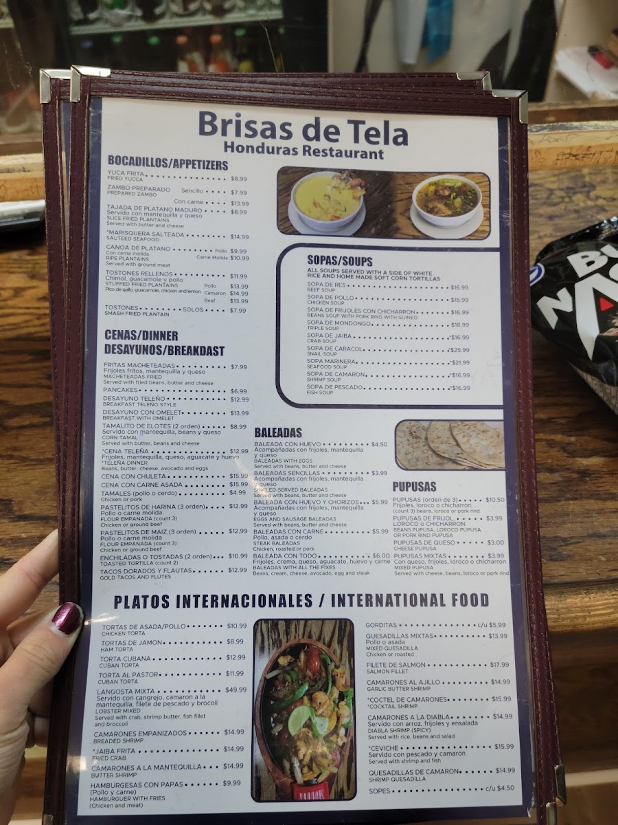 Brisas De Tela Honduras Restaurant menu board