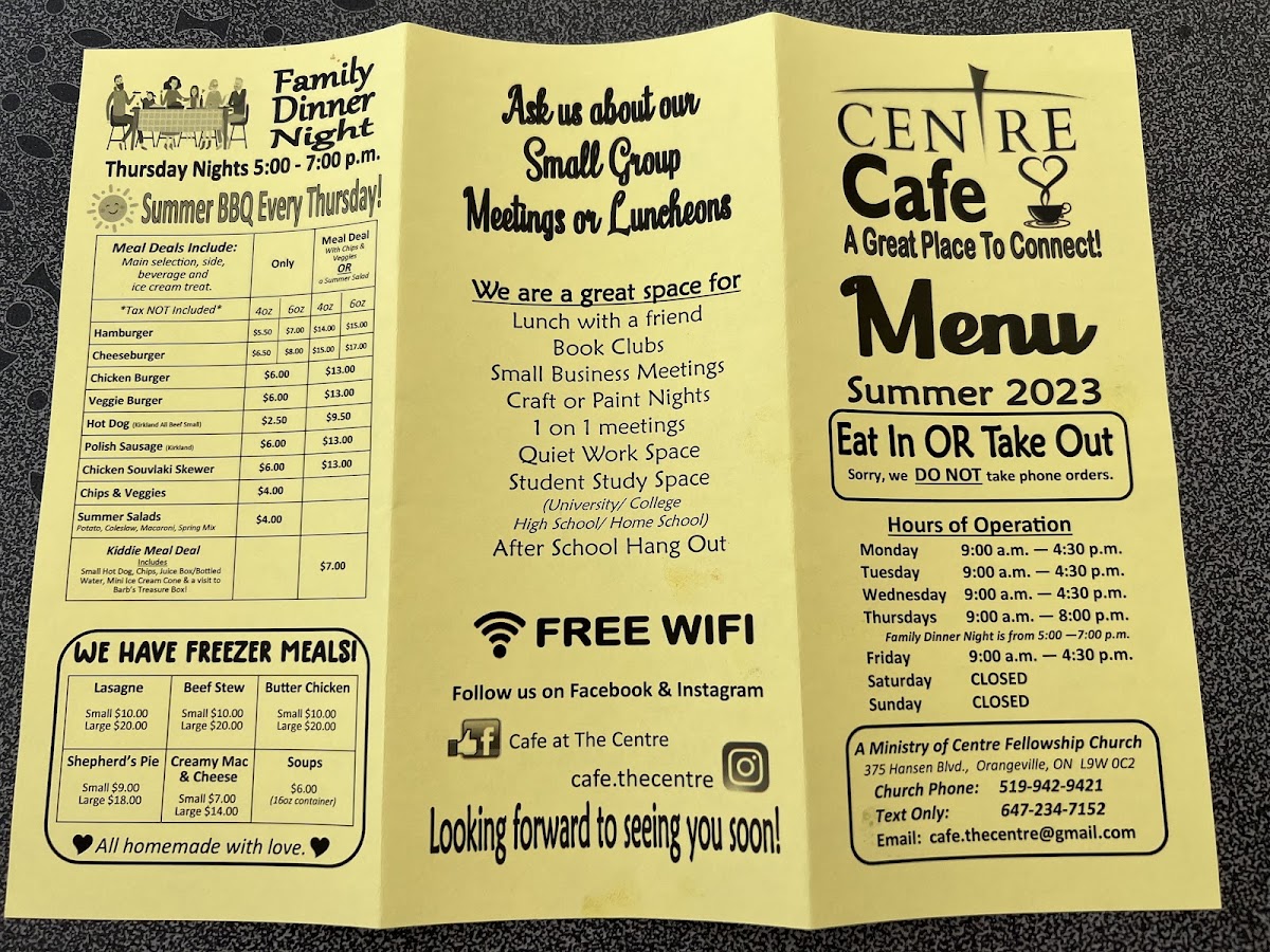 Cafe & Gallery @ The Centre church menu board