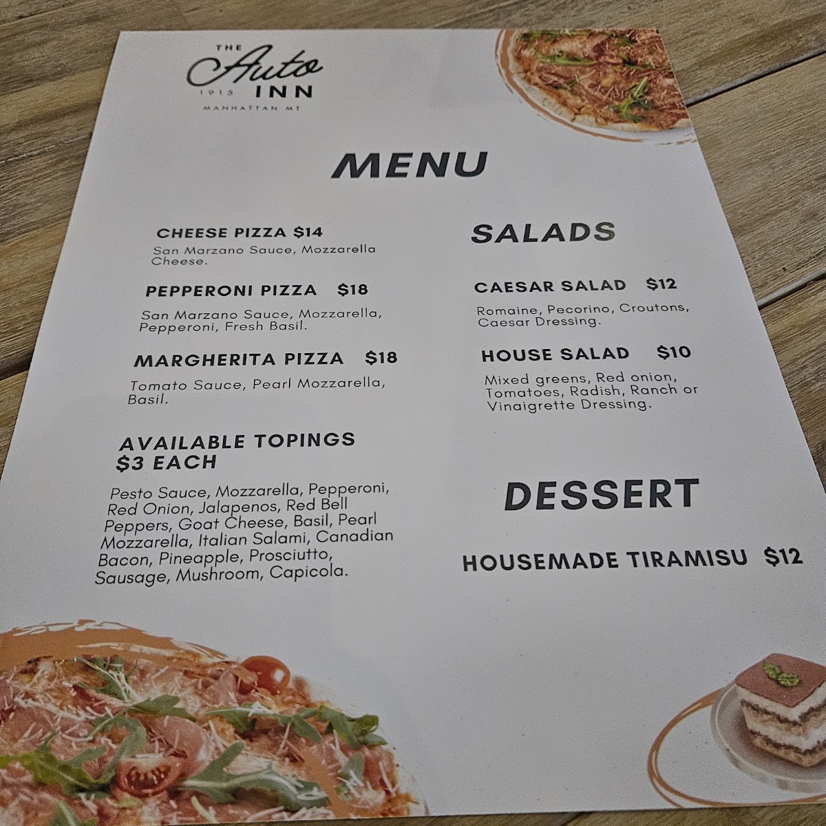 The Auto Inn Pizza Parlor menu board