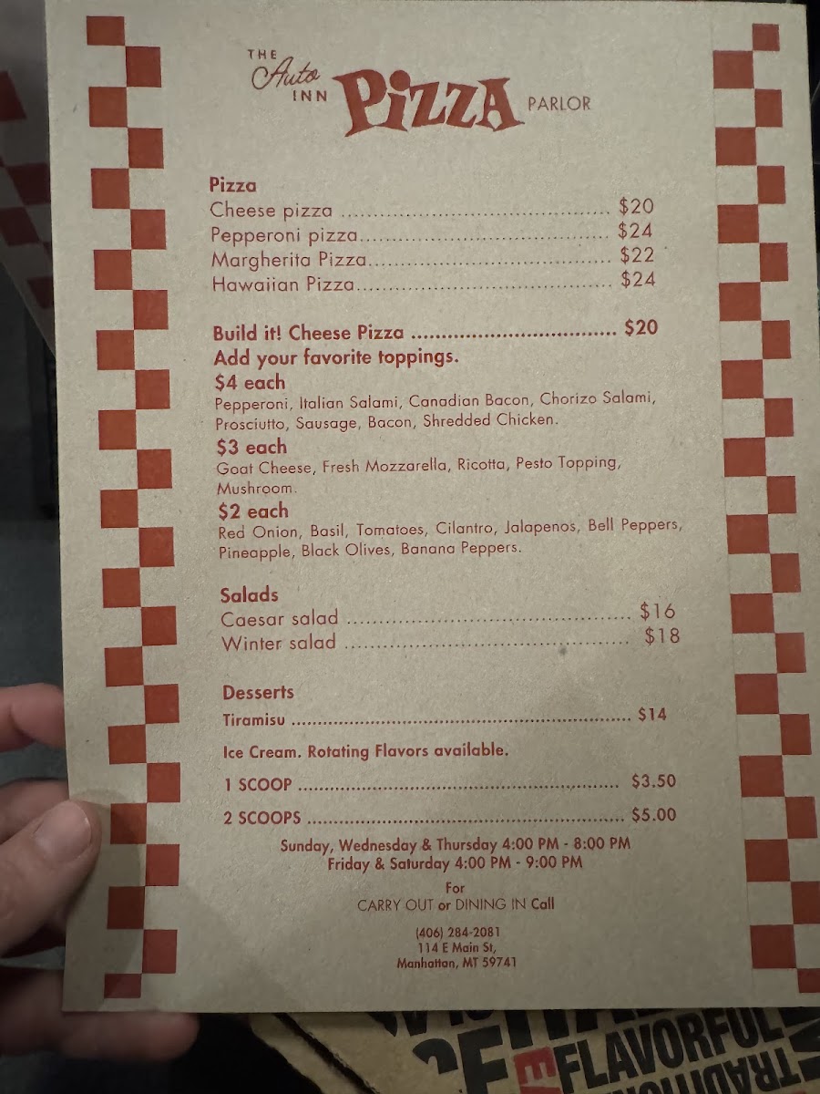 The Auto Inn Pizza Parlor menu board