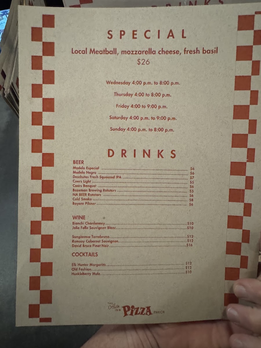 The Auto Inn Pizza Parlor menu board