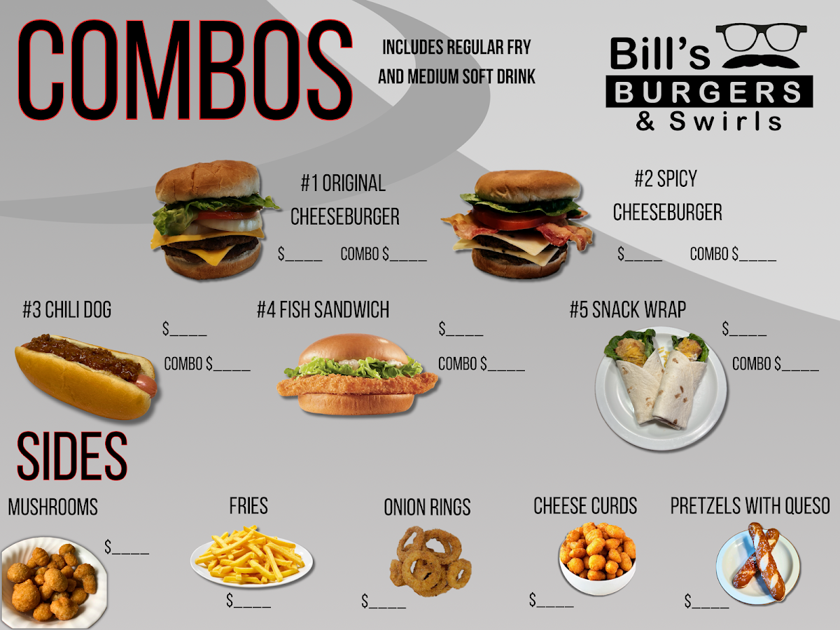 Bill's Burgers & Swirls menu board
