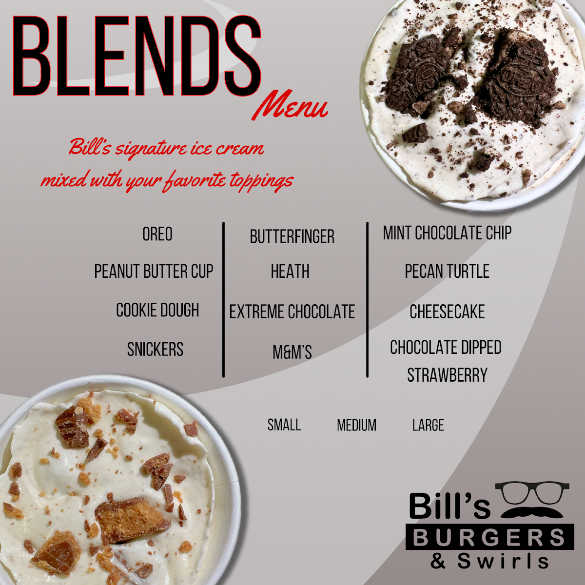 Bill's Burgers & Swirls menu board