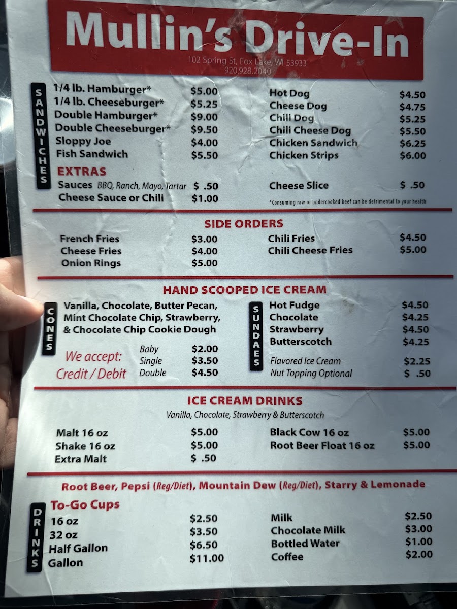 Mullin's Drive in menu board