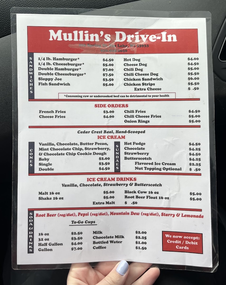 Mullin's Drive in menu board