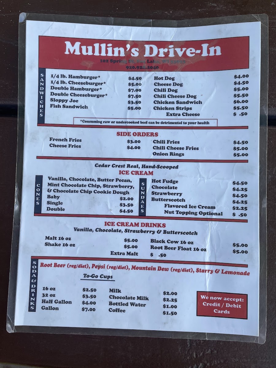 Mullin's Drive in menu board