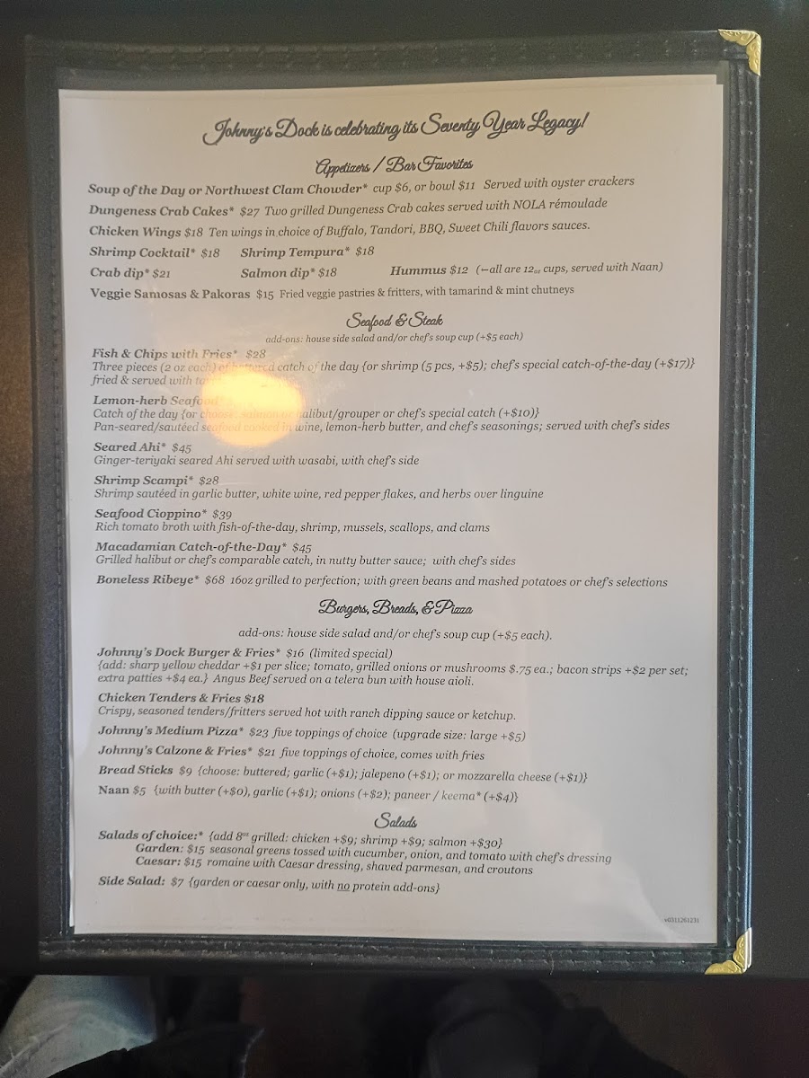 Johnny's Dock Marina menu board