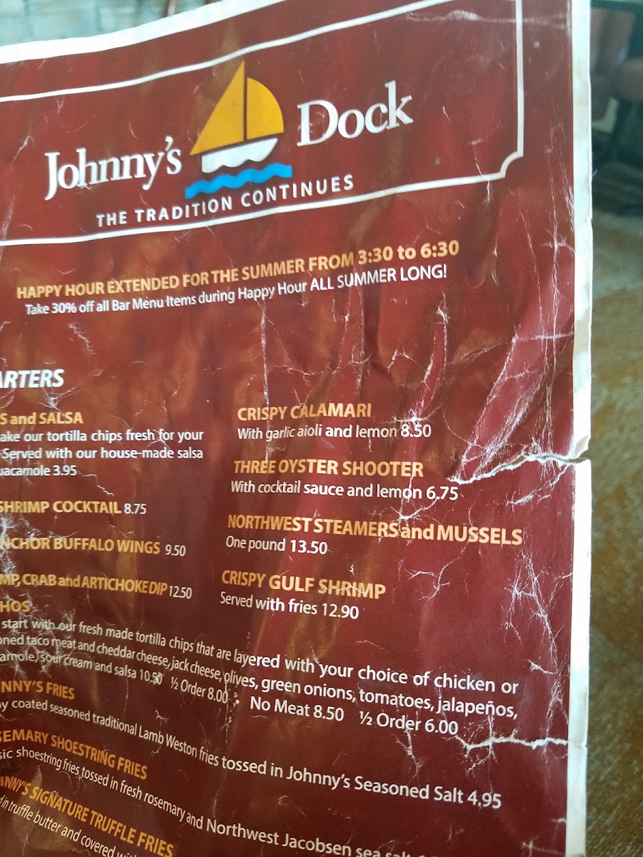 Johnny's Dock Marina menu board