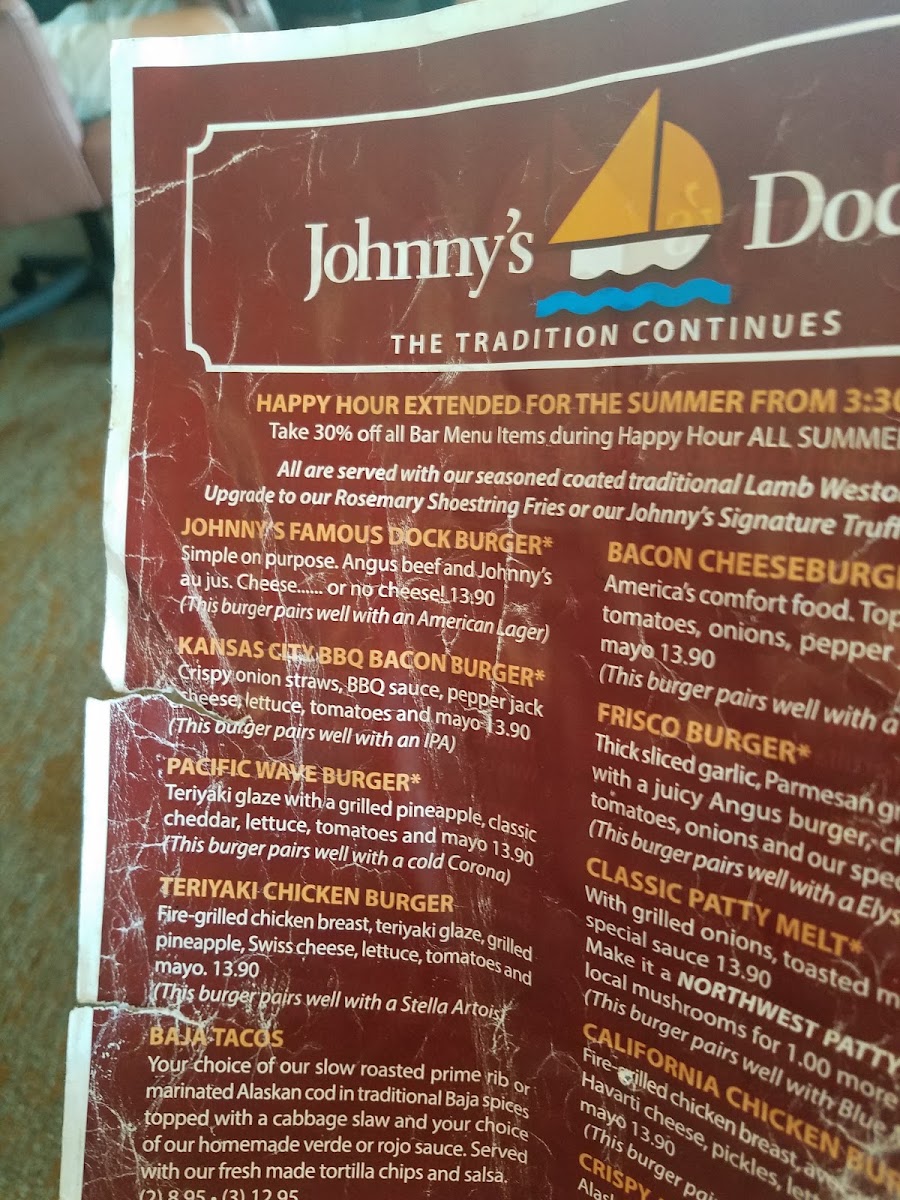 Johnny's Dock Marina menu board