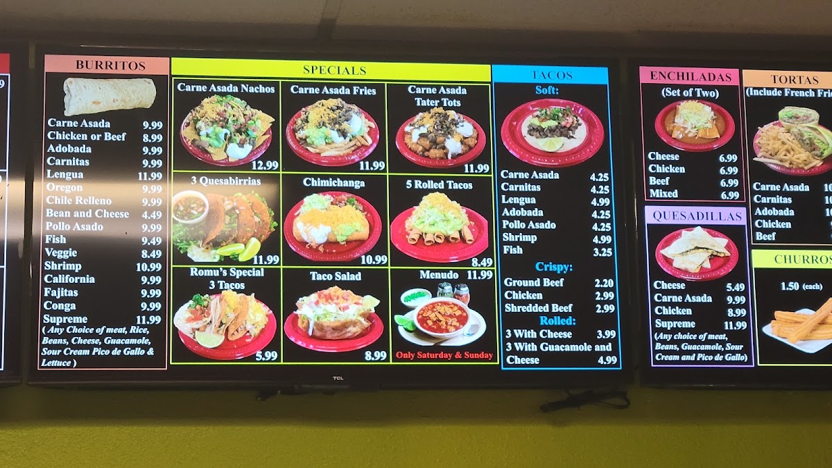 Romulo’s Mexican Grill menu board