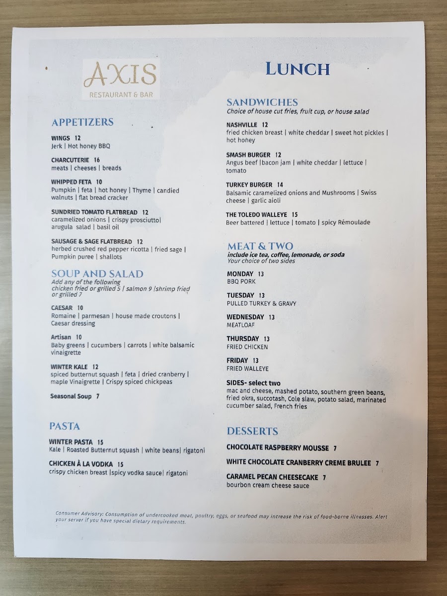 Axis Restaurant & Bar menu board