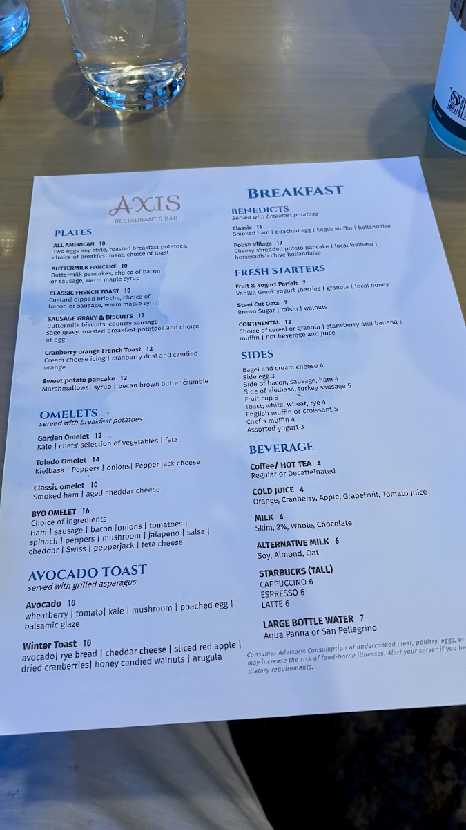 Axis Restaurant & Bar menu board