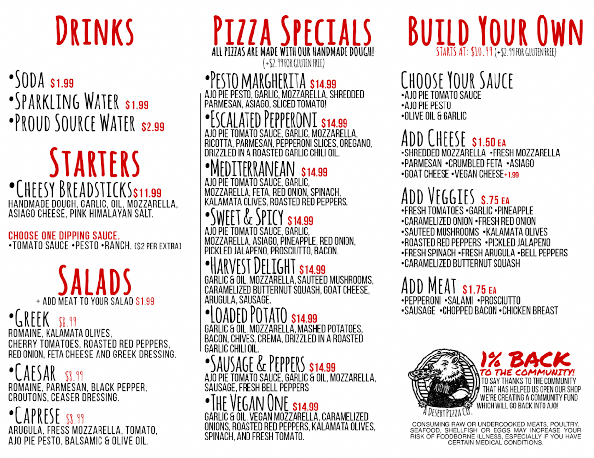 Ajo Pie - Artisan Pizza menu board
