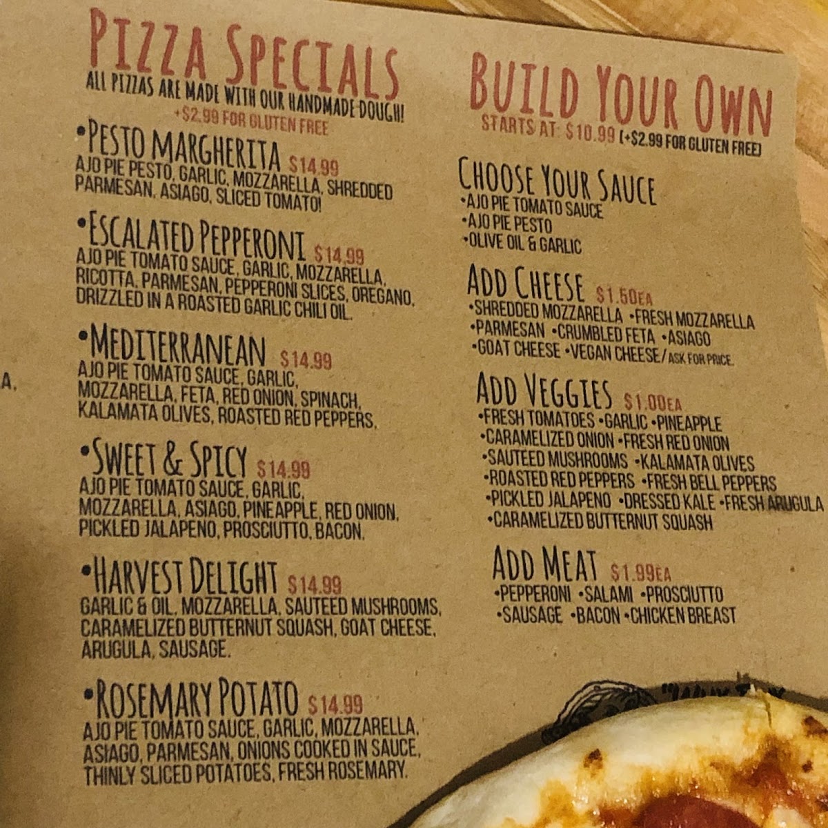 Ajo Pie - Artisan Pizza menu board