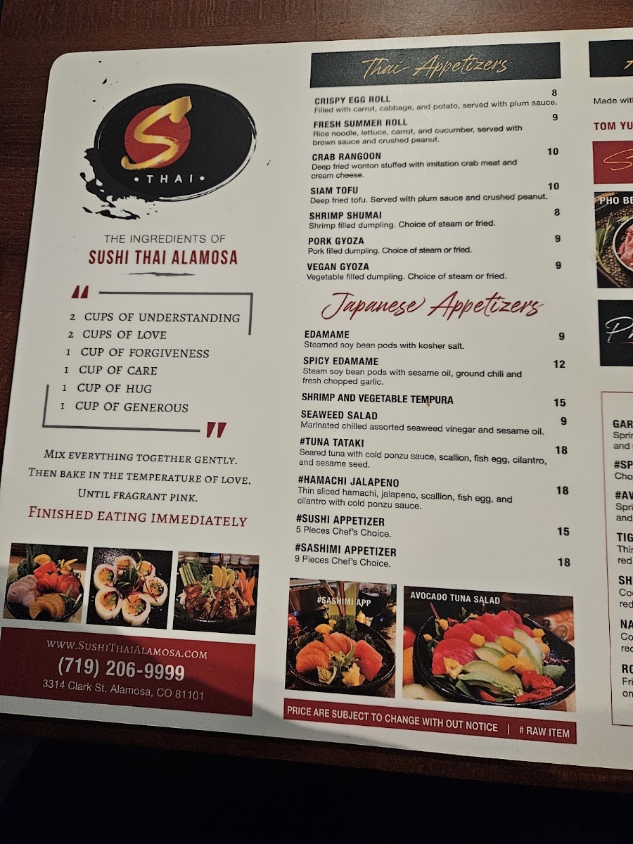 SUSHI THAI ALAMOSA menu board