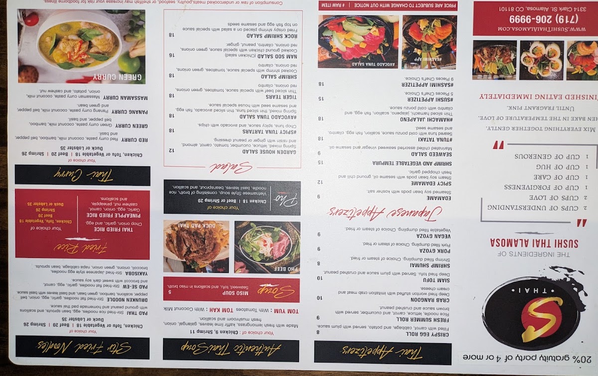 SUSHI THAI ALAMOSA menu board
