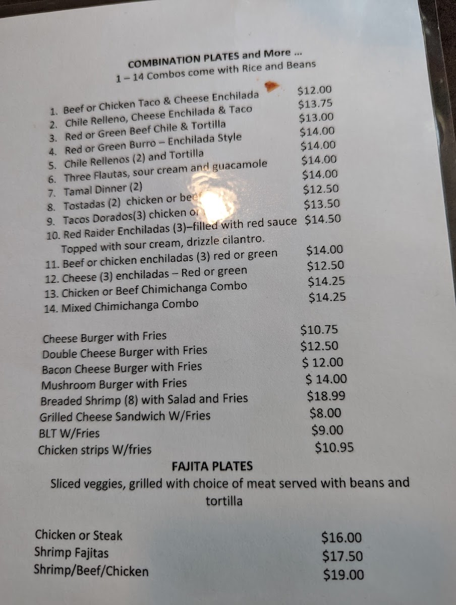 Arriba Mexican Restaurant menu board