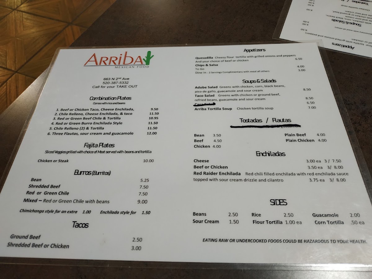 Arriba Mexican Restaurant menu board