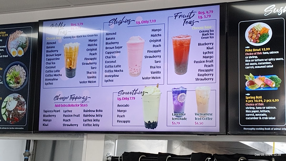 Fresh Sushi & Boba Tea Co menu board
