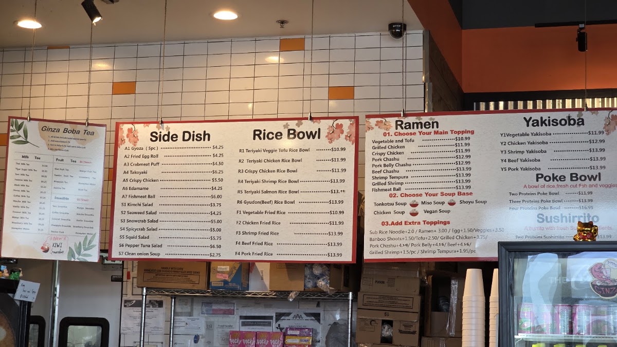 Ginza Ramen and Poke menu board