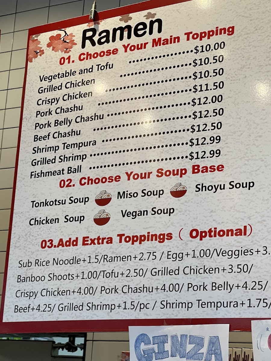 Ginza Ramen and Poke menu board