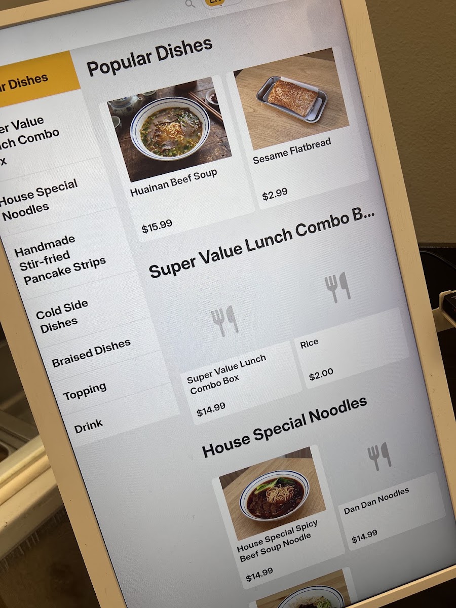 Tian Tian Noodles menu board