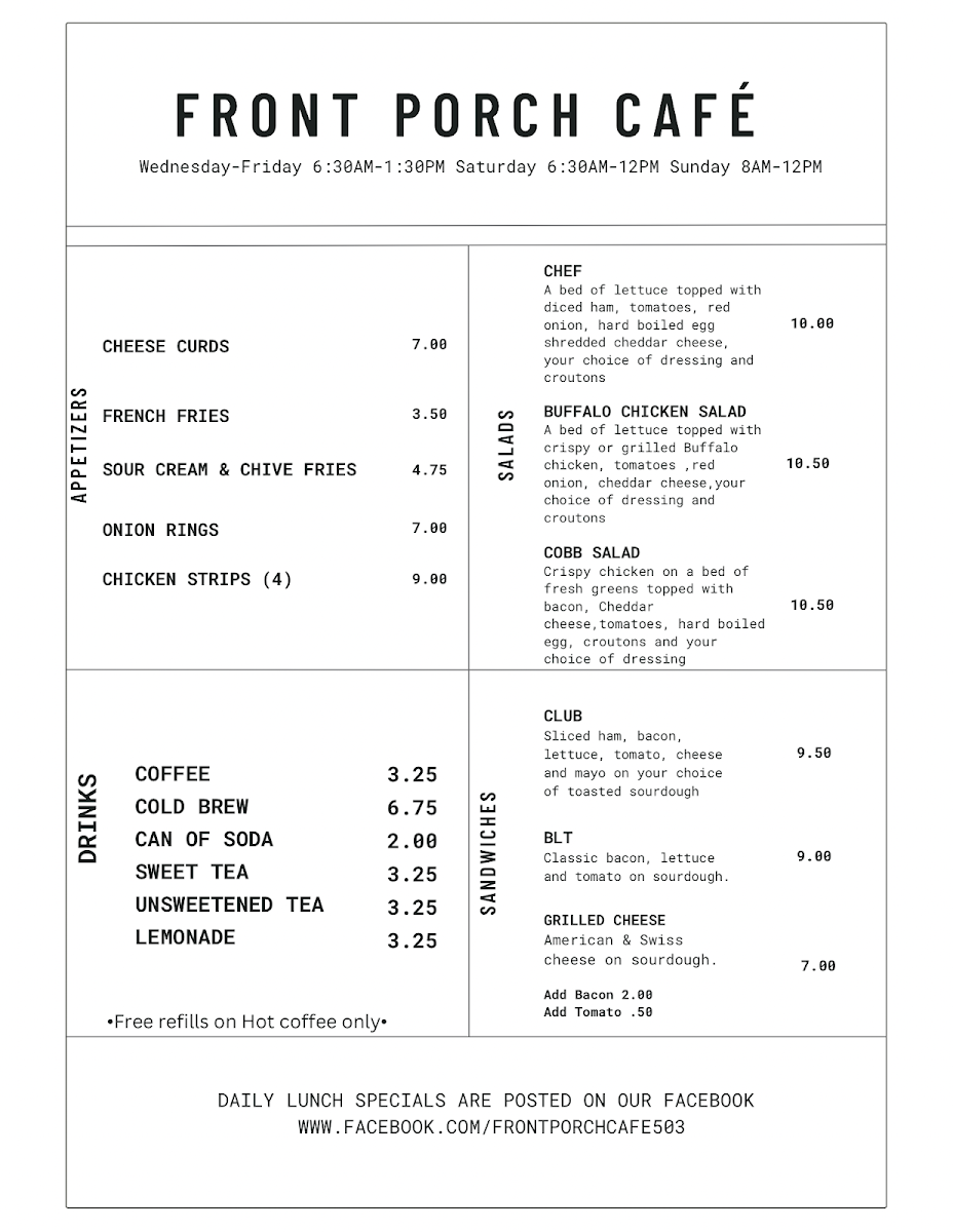 Front Porch Cafe menu board