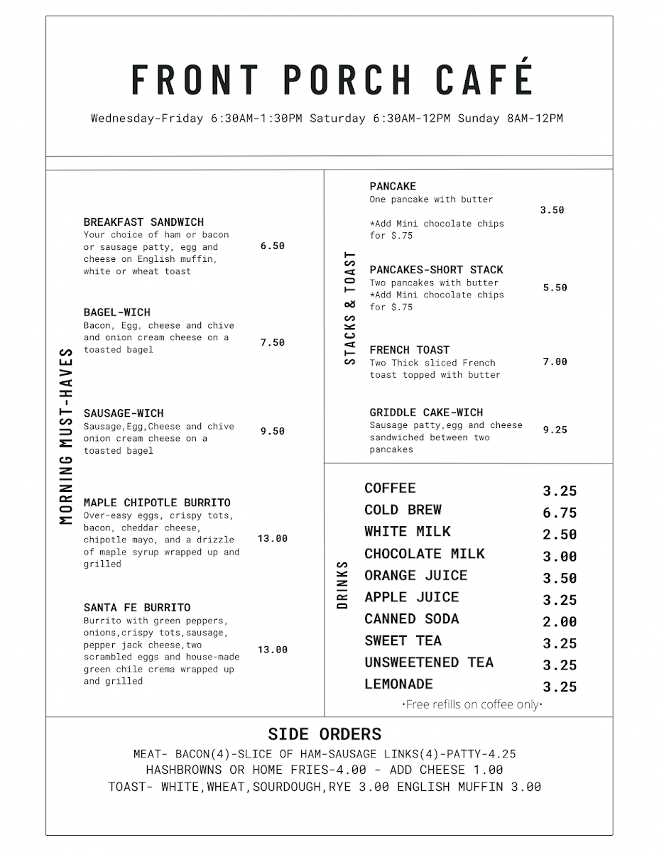 Front Porch Cafe menu board