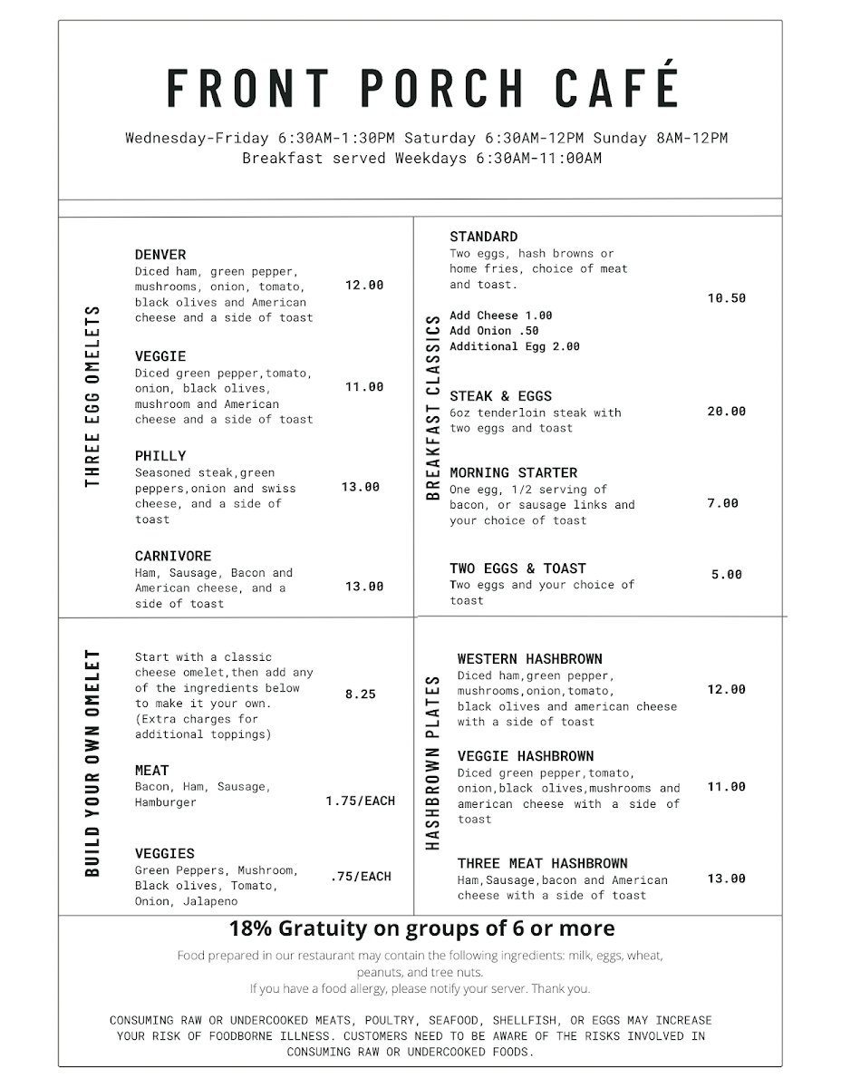 Front Porch Cafe menu board