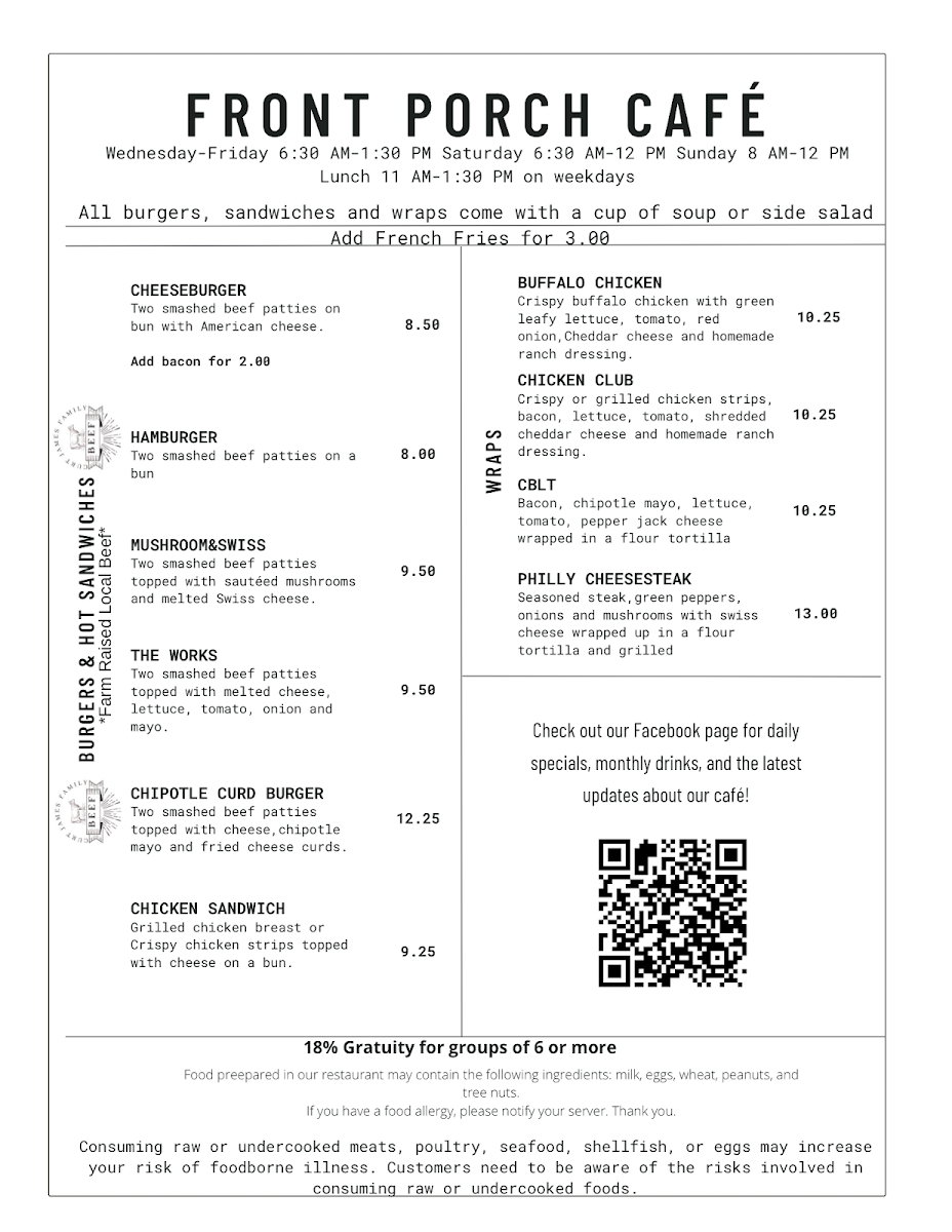 Front Porch Cafe menu board