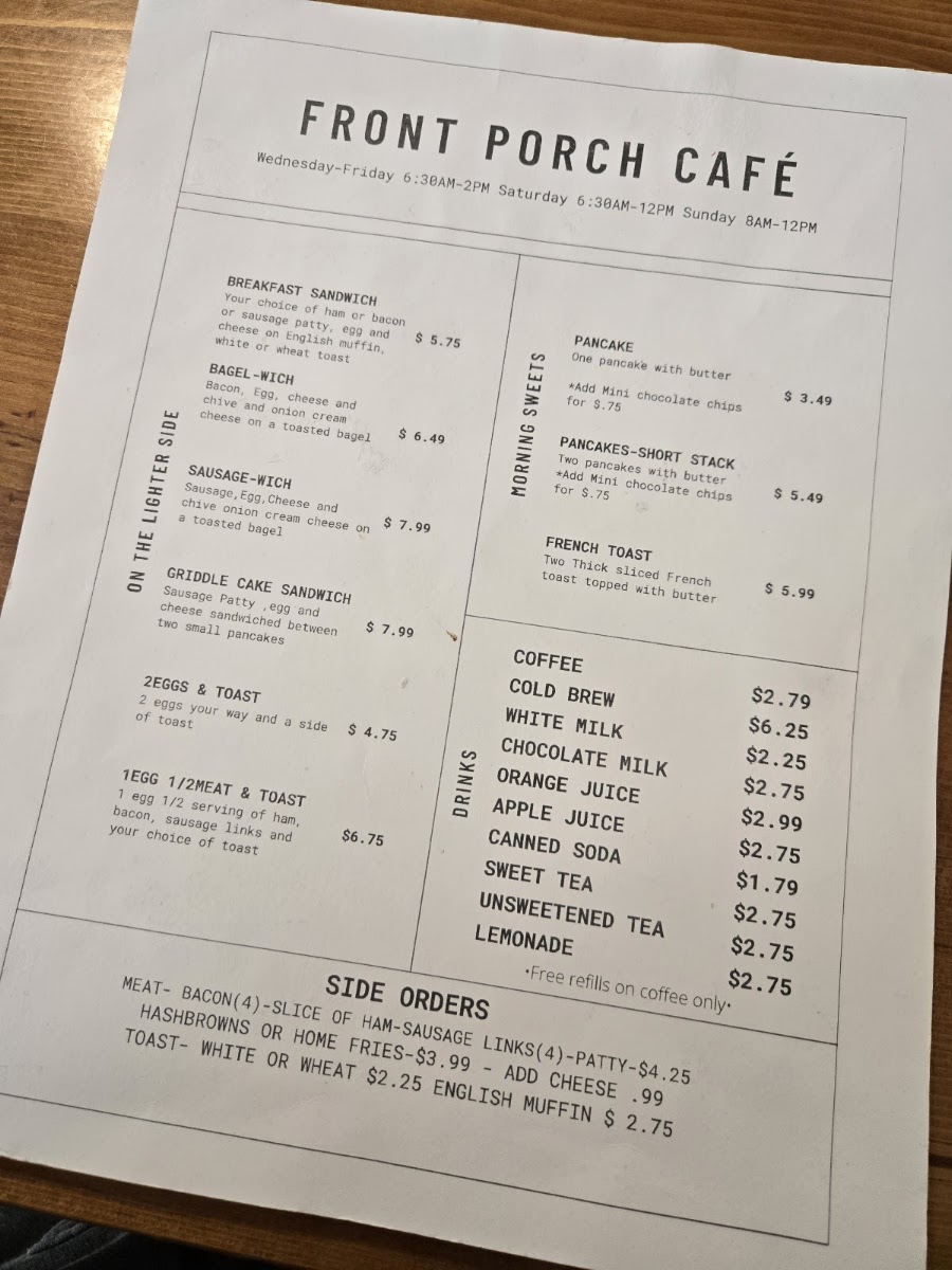 Front Porch Cafe menu board