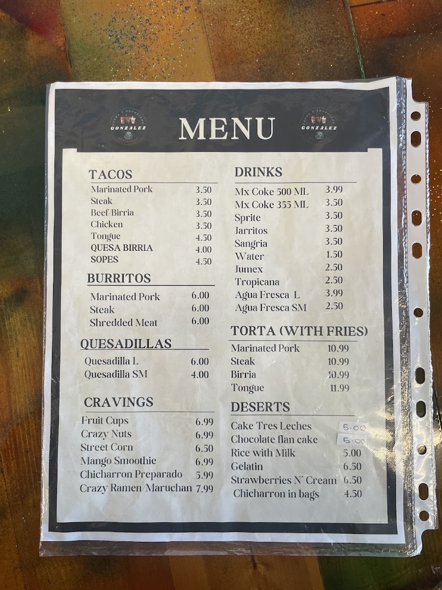 Gonzalez tacos y antojitos mexicanos menu board