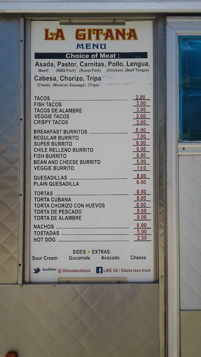 La Gitana (Taco Truck) menu board