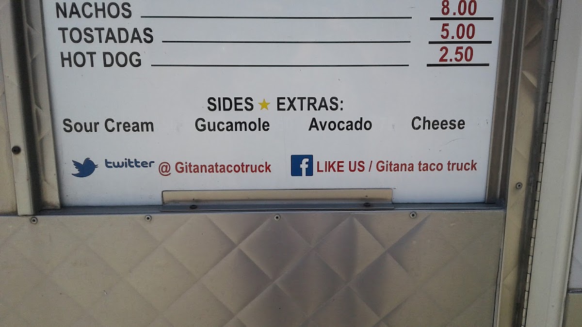 La Gitana (Taco Truck) menu board