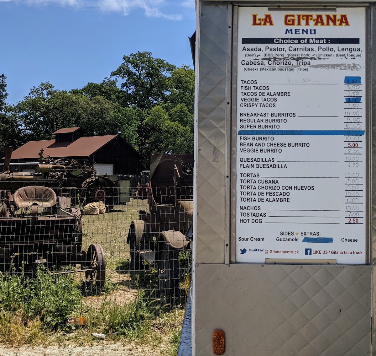 La Gitana (Taco Truck) menu board