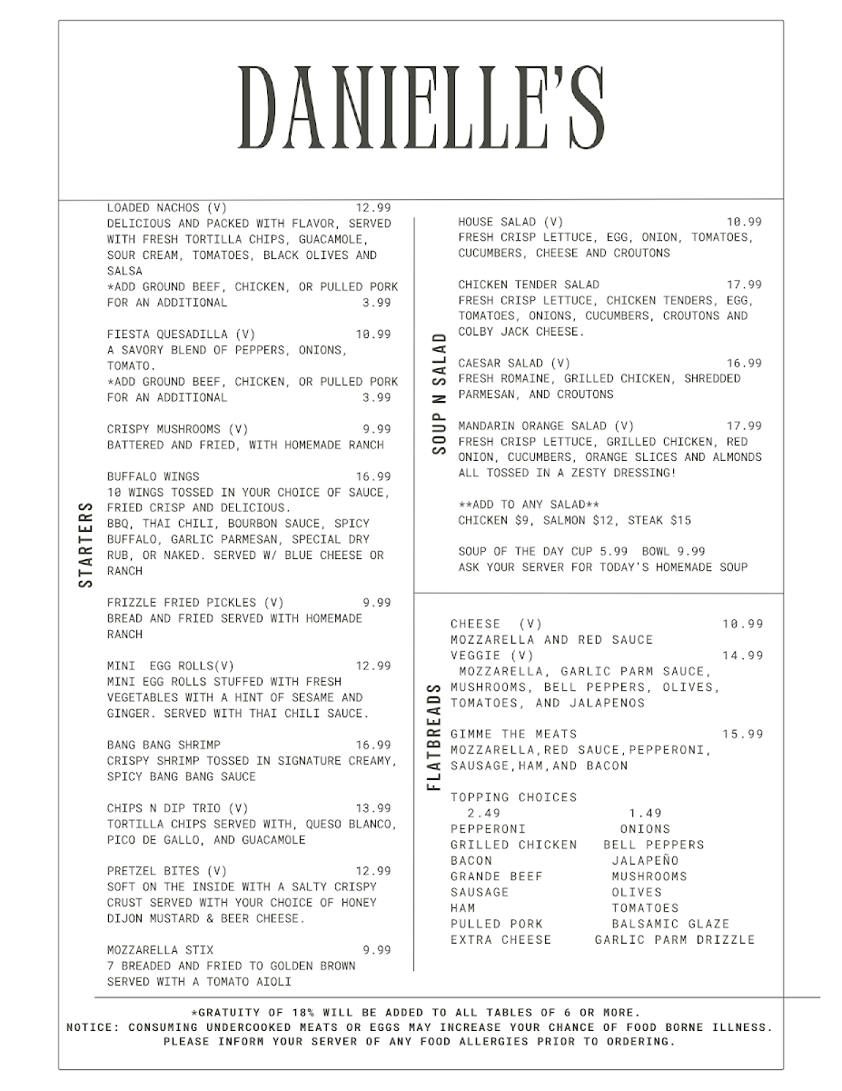 Danielle's Dining & Drinks menu board