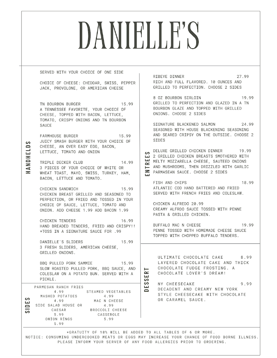 Danielle's Dining & Drinks menu board