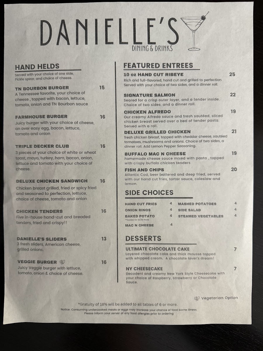 Danielle's Dining & Drinks menu board