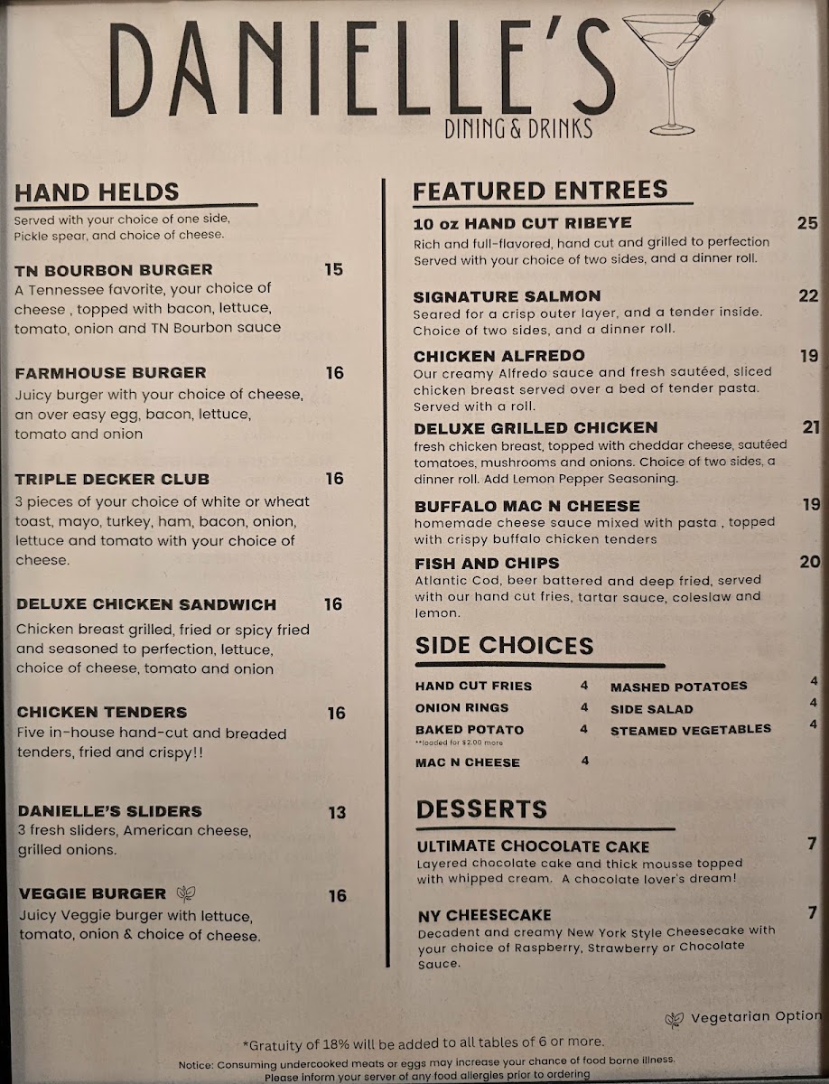 Danielle's Dining & Drinks menu board