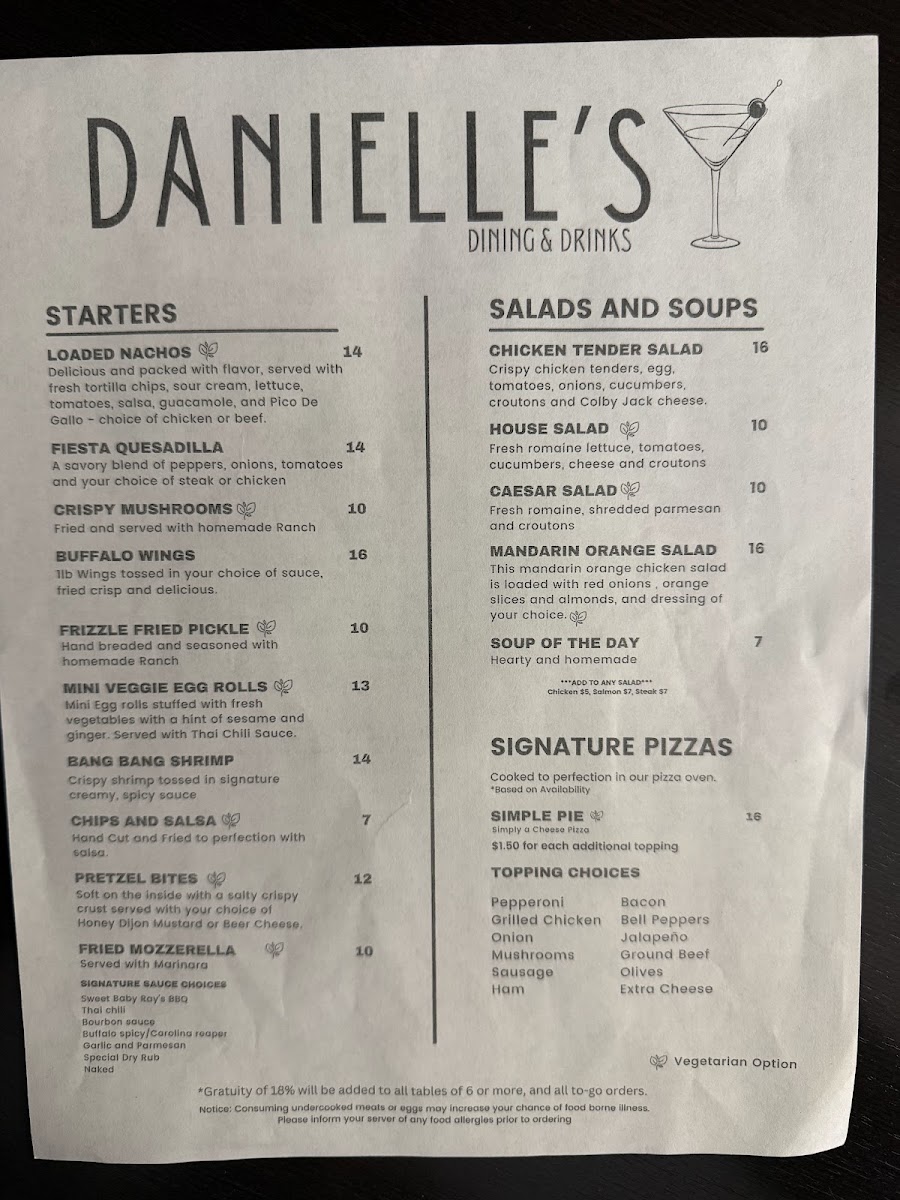 Danielle's Dining & Drinks menu board