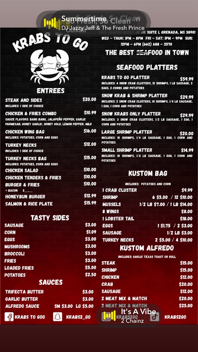 Krabs To Go menu board