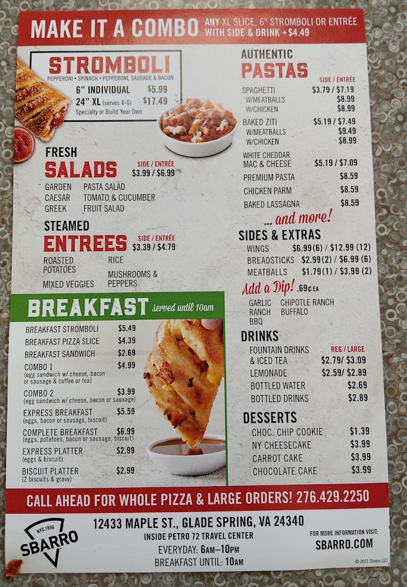 Sbarro Glade Spring menu board