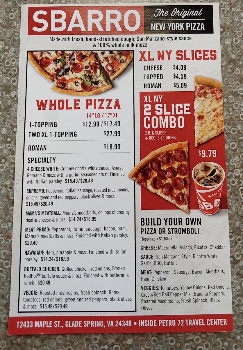 Sbarro Glade Spring menu board