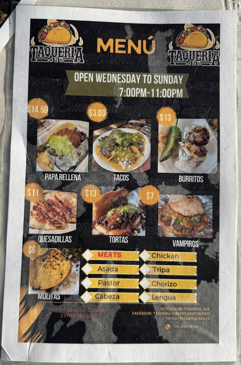 Taqueria 425 menu board