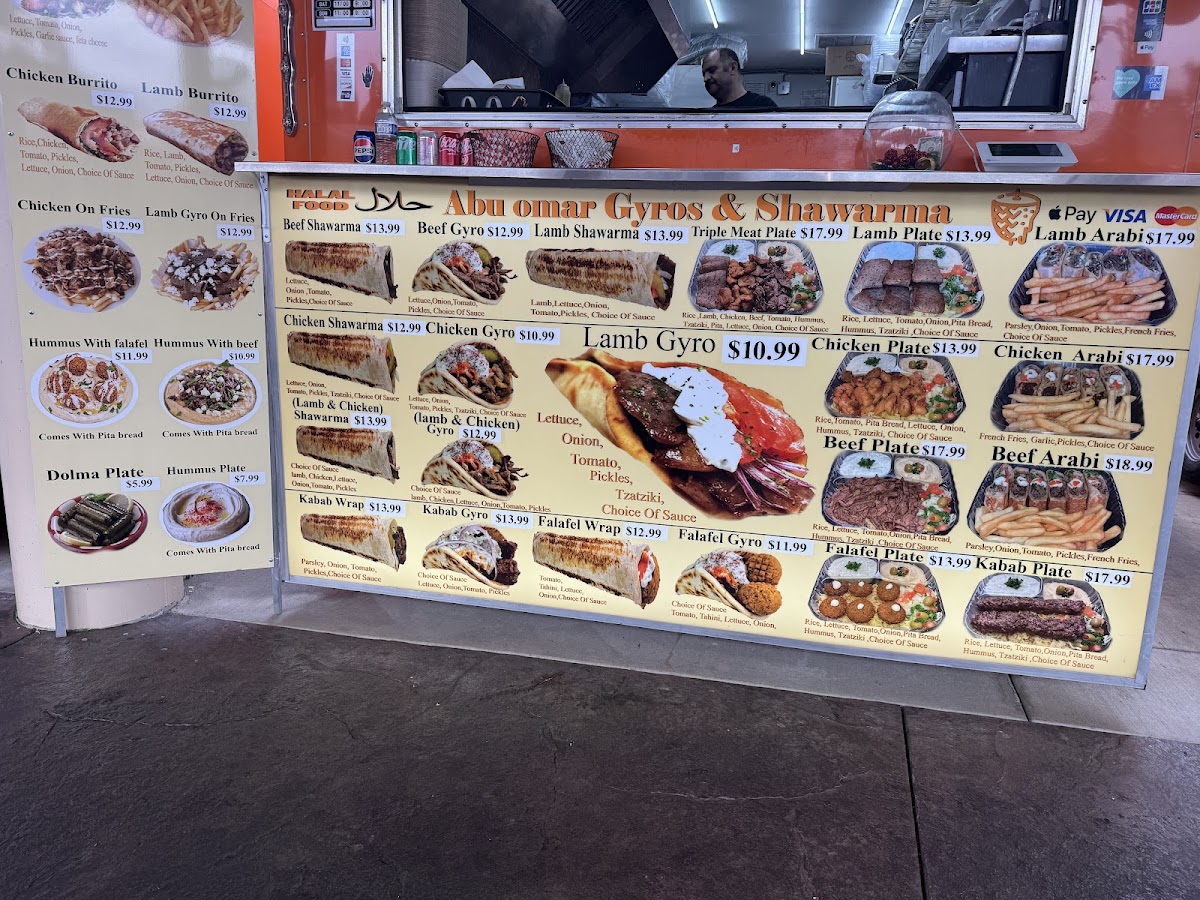 Abu omar gyros and shawarma menu board