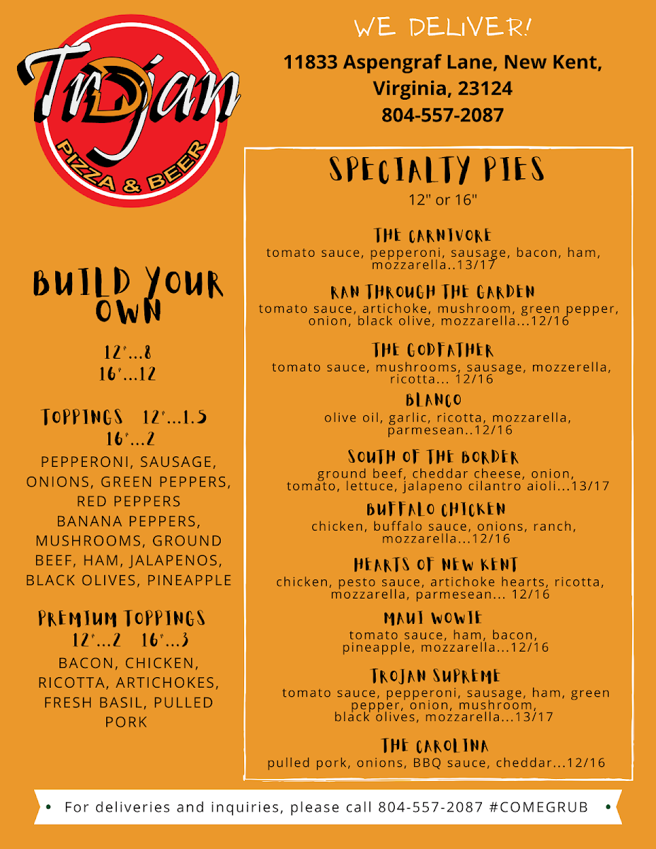 Trojan Pizza & Beer menu board