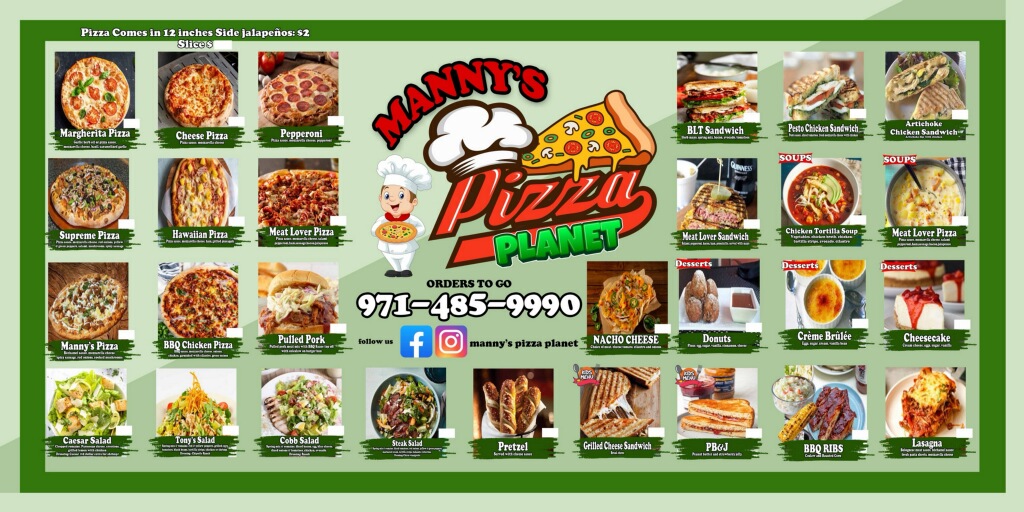 Manny's Pizza Planet Restaurante & Catering menu board