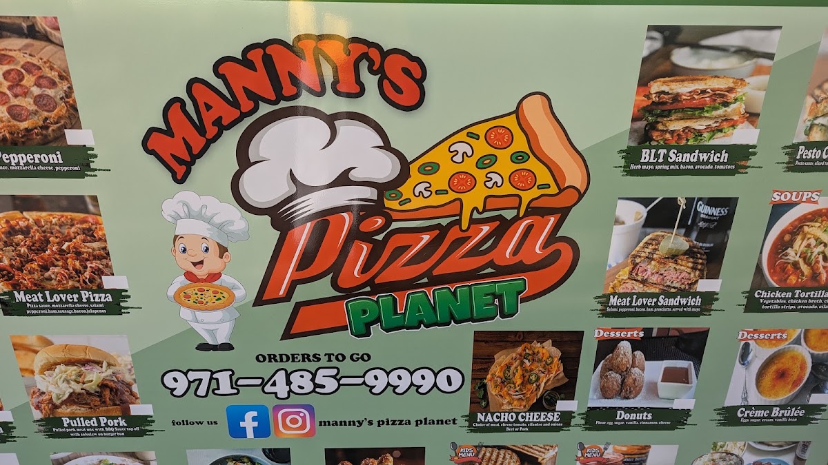 Manny's Pizza Planet Restaurante & Catering menu board