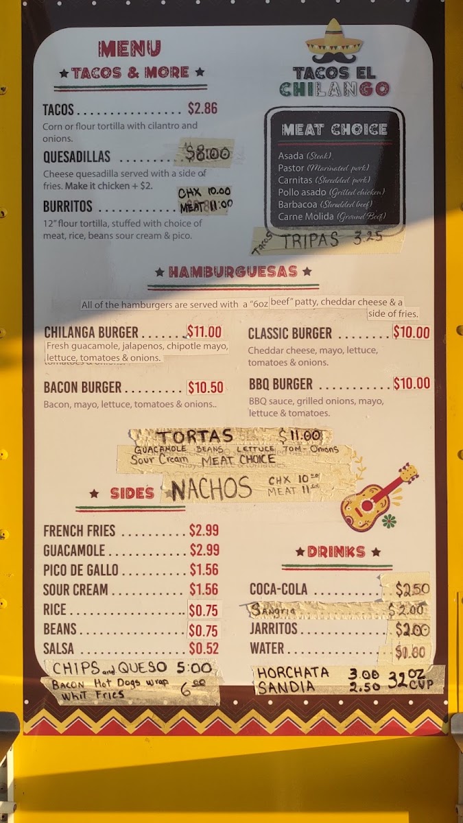 Tacos El chilango menu board