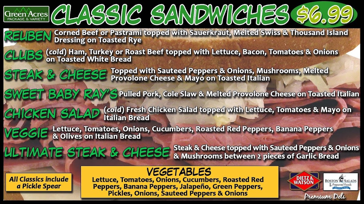 GREEN ACRES PACKAGE & VARIETY menu board